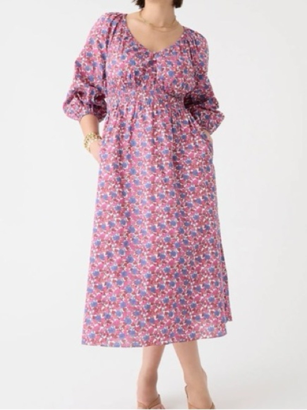 J Crew Large EUC V-Neck Cotton Berry Floral Lined Midi Dress with pockets - Picture 2 of 9